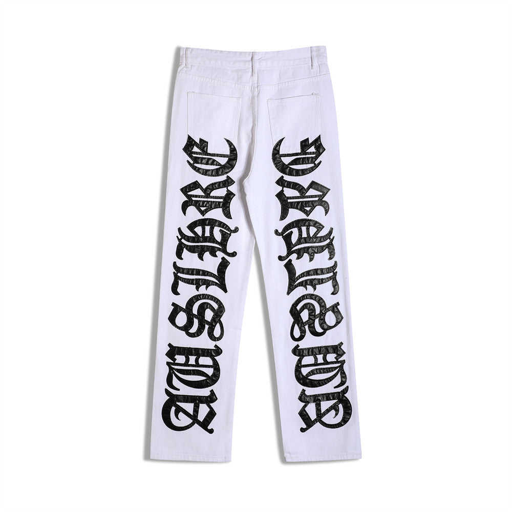 American Style High Street Burn Text Embroidered Letter Jeans