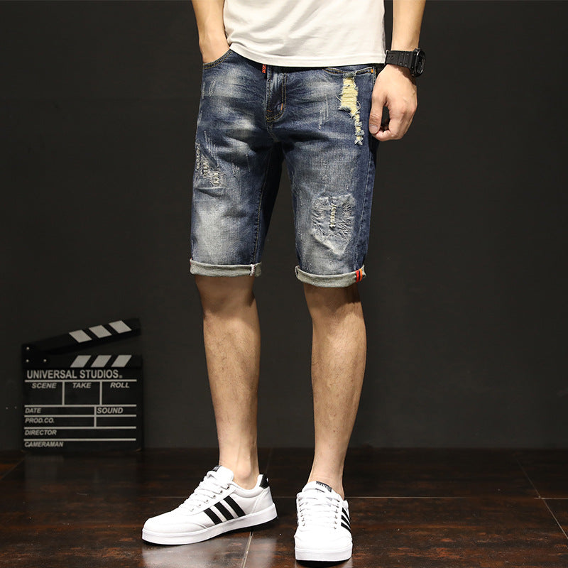 18 New Elastic Pants Summer Men''s Casual Jeans Korean Fashion Hole Cat Beard Straight Pants