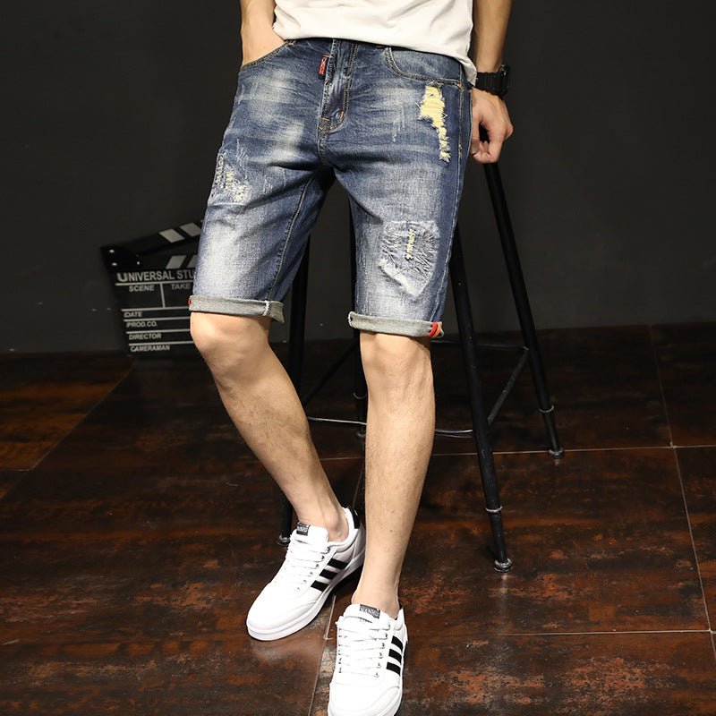 18 New Elastic Pants Summer Men''s Casual Jeans Korean Fashion Hole Cat Beard Straight Pants