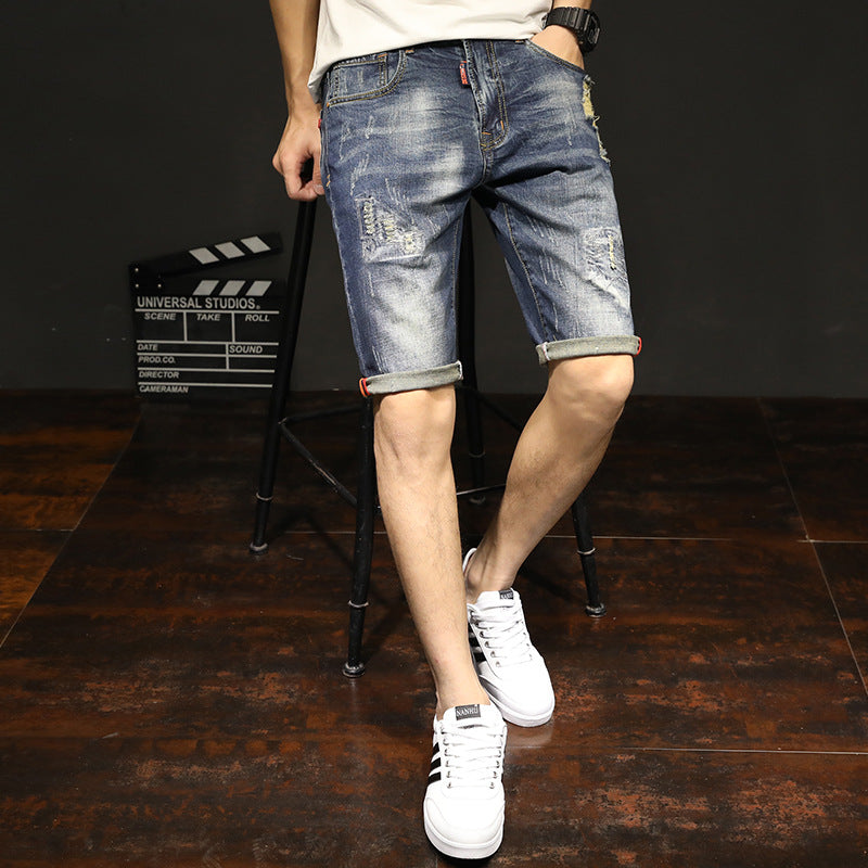 18 New Elastic Pants Summer Men''s Casual Jeans Korean Fashion Hole Cat Beard Straight Pants