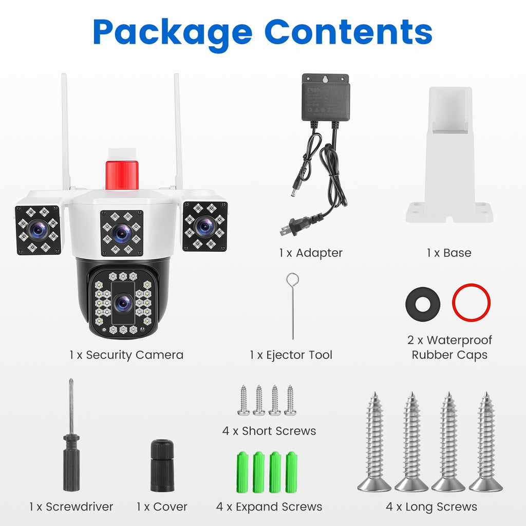 1080P HD 4-Lens Security Camera 360 Degree View WiFi Pan & Tilt Surveillance Camera With Full Color Night Vision Auto Motion Tracking 2-Way Audio Spotlights IP66 Waterproof Max 128G Not Included