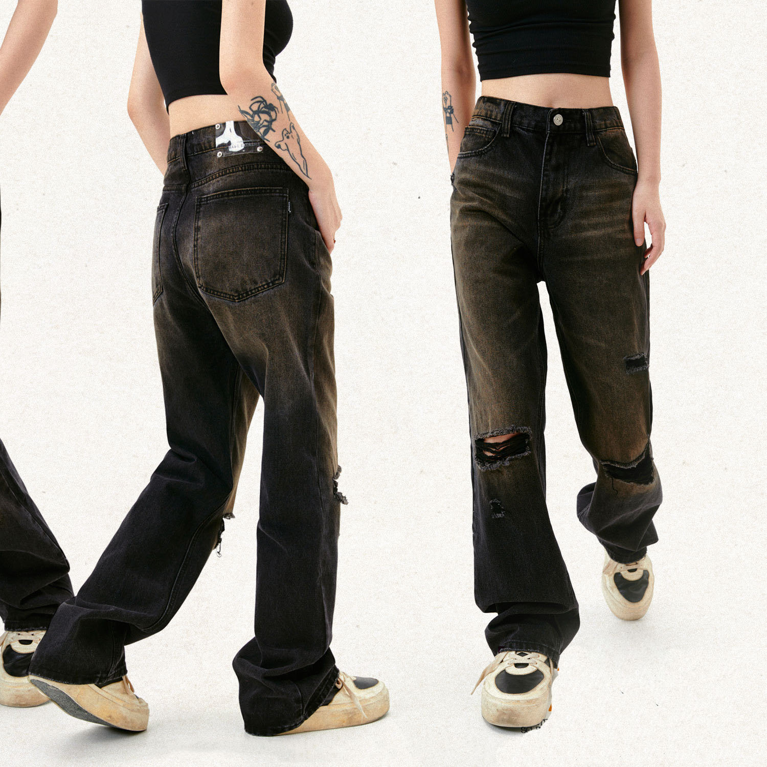 American Street Washed Old Mud Dyed Damaged Trousers Women's Jeans