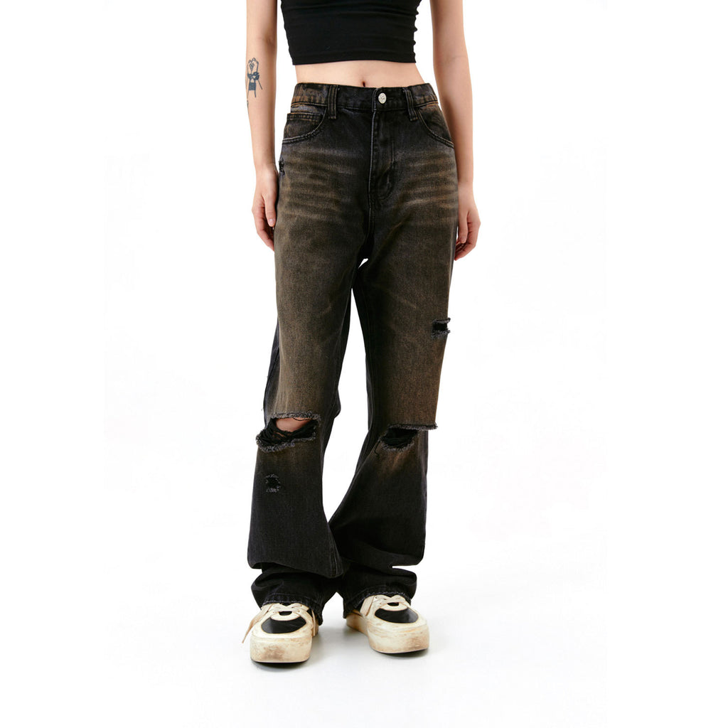 American Street Washed Old Mud Dyed Damaged Trousers Women's Jeans