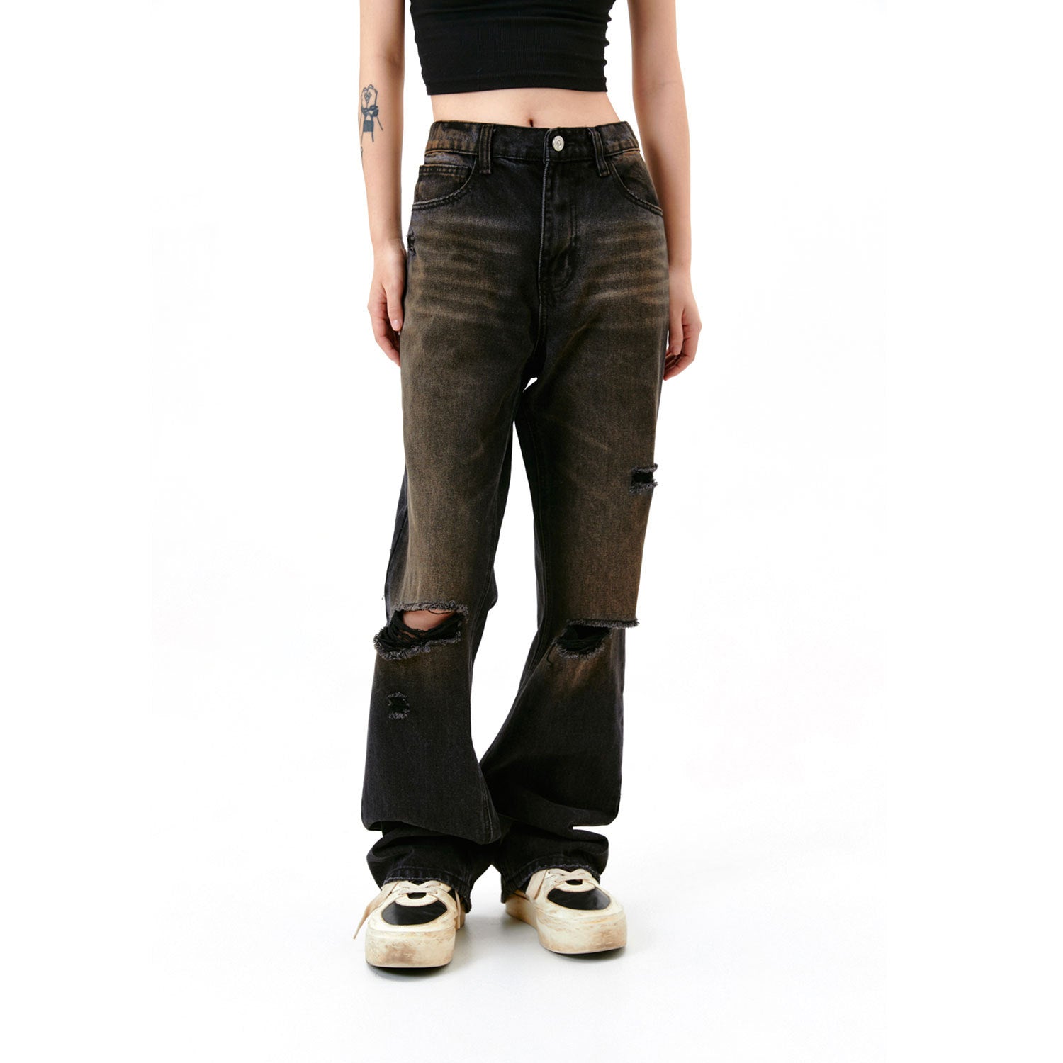 American Street Washed Old Mud Dyed Damaged Trousers Women's Jeans
