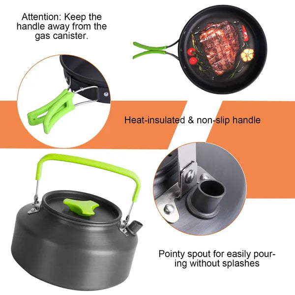 16Pcs Camping Cooking Ware Set Camping Stove Cookware Kit Aluminum Pot Pan Kettle Set With Bowls Knife Fork Spoon Carabiner Spatula Cutting Board For Hiking Picnic Outdoor