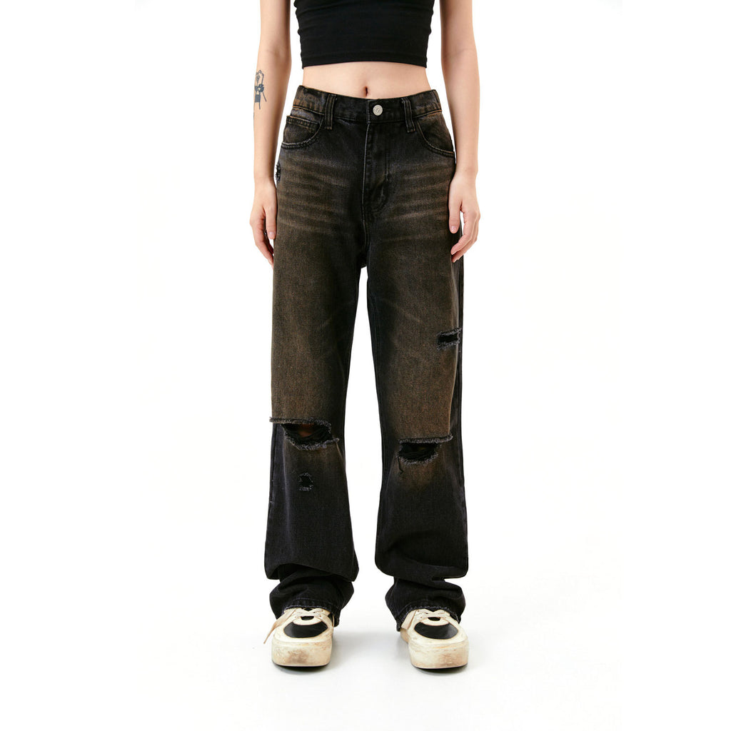American Street Washed Old Mud Dyed Damaged Trousers Women's Jeans