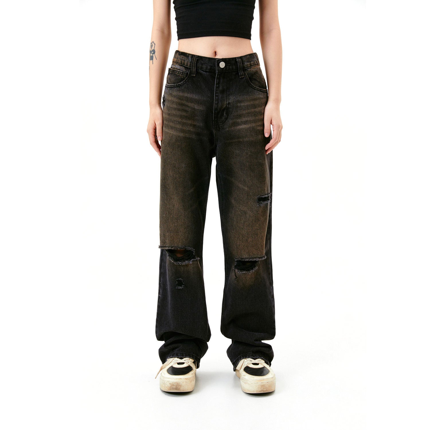 American Street Washed Old Mud Dyed Damaged Trousers Women's Jeans