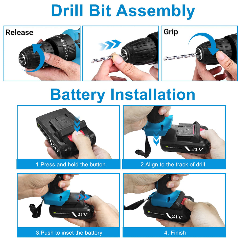 1Pack Cordless Drill Set With 2Pcs 21V Batteries And Charger 2 Variable Speeds Keyless Chuck 265lnLbs 25 And 3 Torque Positions Included 24Pcs Drill Bits For Home Car Repair Handmade