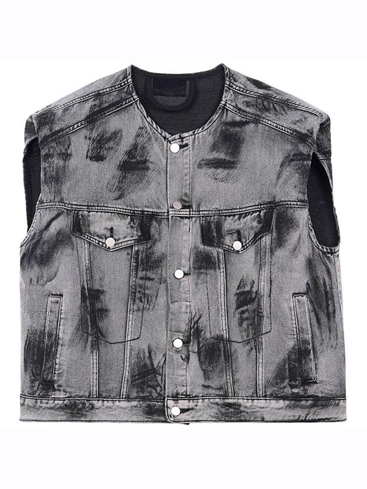 American Street Graffiti Padded Shoulder Sleeveless Denim Coat