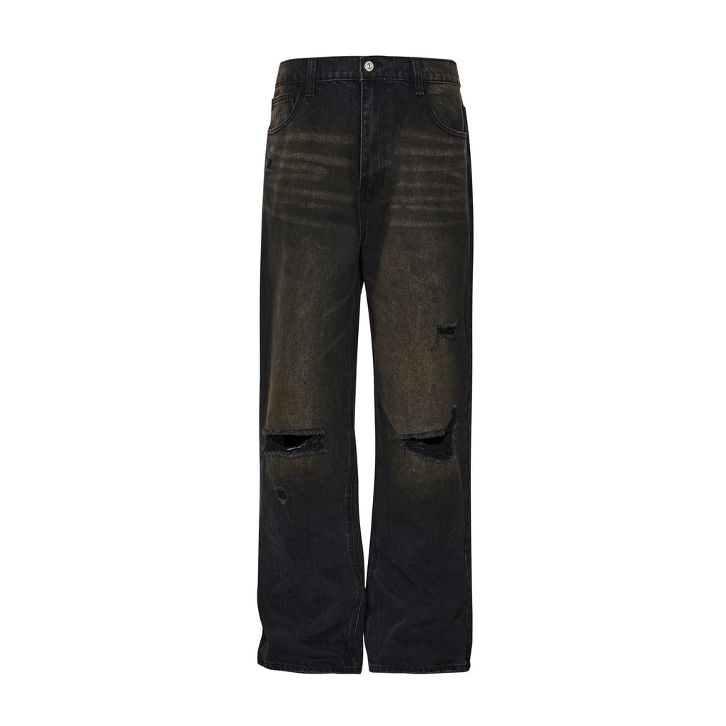 American Street Washed Old Mud Dyed Damaged Trousers Women's Jeans