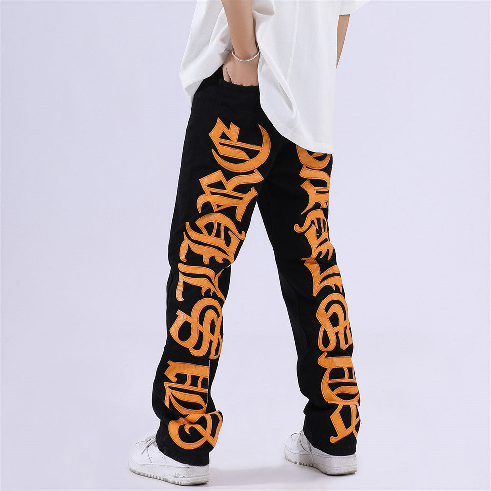 American Style High Street Burn Text Embroidered Letter Jeans