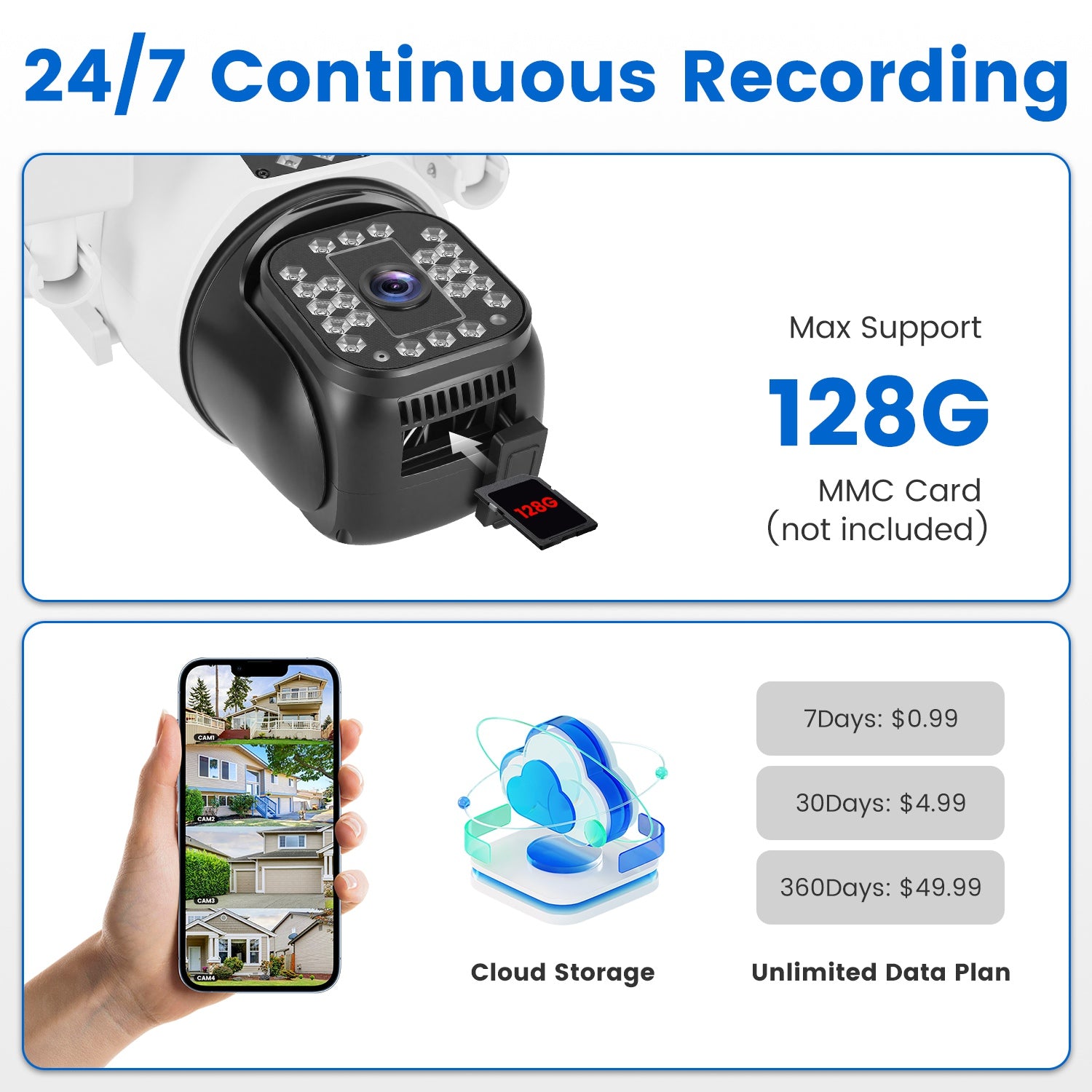 1080P HD 4-Lens Security Camera 360 Degree View WiFi Pan & Tilt Surveillance Camera With Full Color Night Vision Auto Motion Tracking 2-Way Audio Spotlights IP66 Waterproof Max 128G Not Included