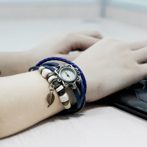 Beautiful Bohemian Style Retro Handmade Leather Tree Leaf Women's Watches Blue