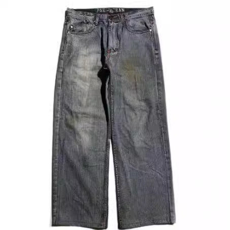 American Retro Worn Looking Washed-out Jeans Men's Wide-leg Workwear Design Casual