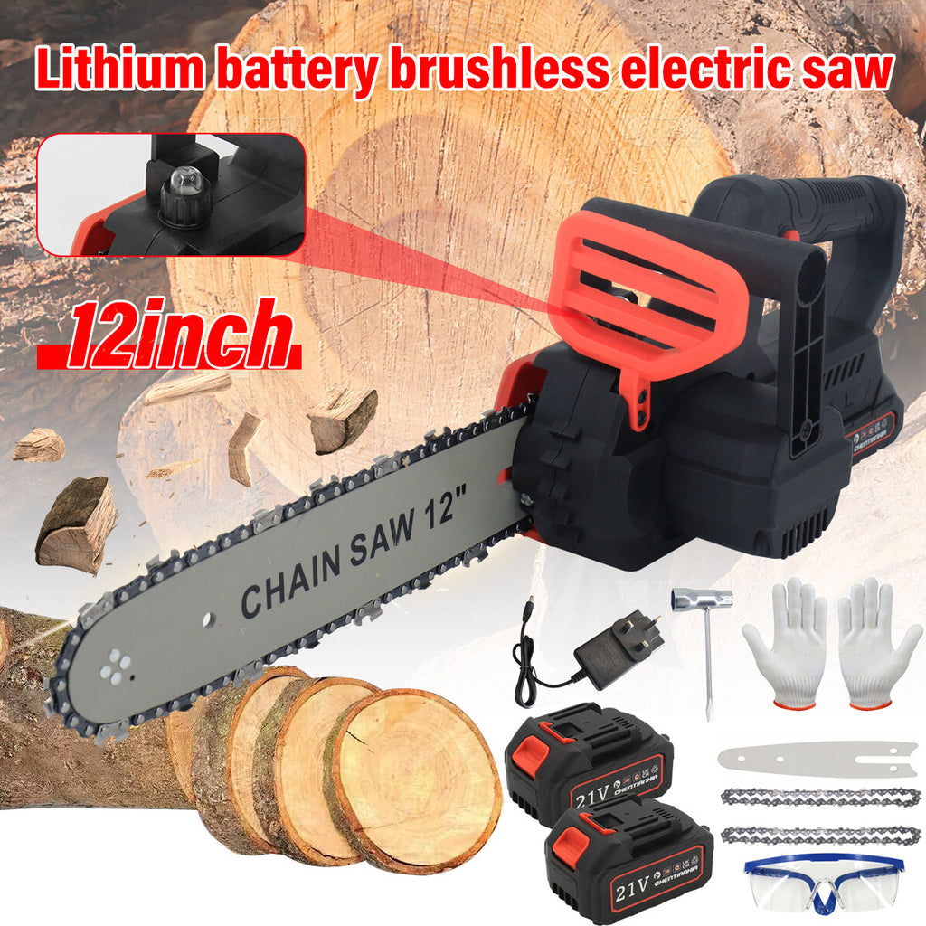 12 Electric Cordless Chainsaw Brushless Handheld Wood Saw And 2 Battery  Charger