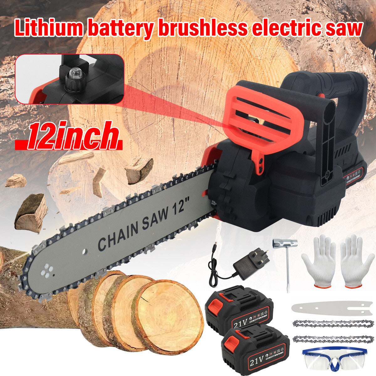 12 Electric Cordless Chainsaw Brushless Handheld Wood Saw And 2 Battery  Charger