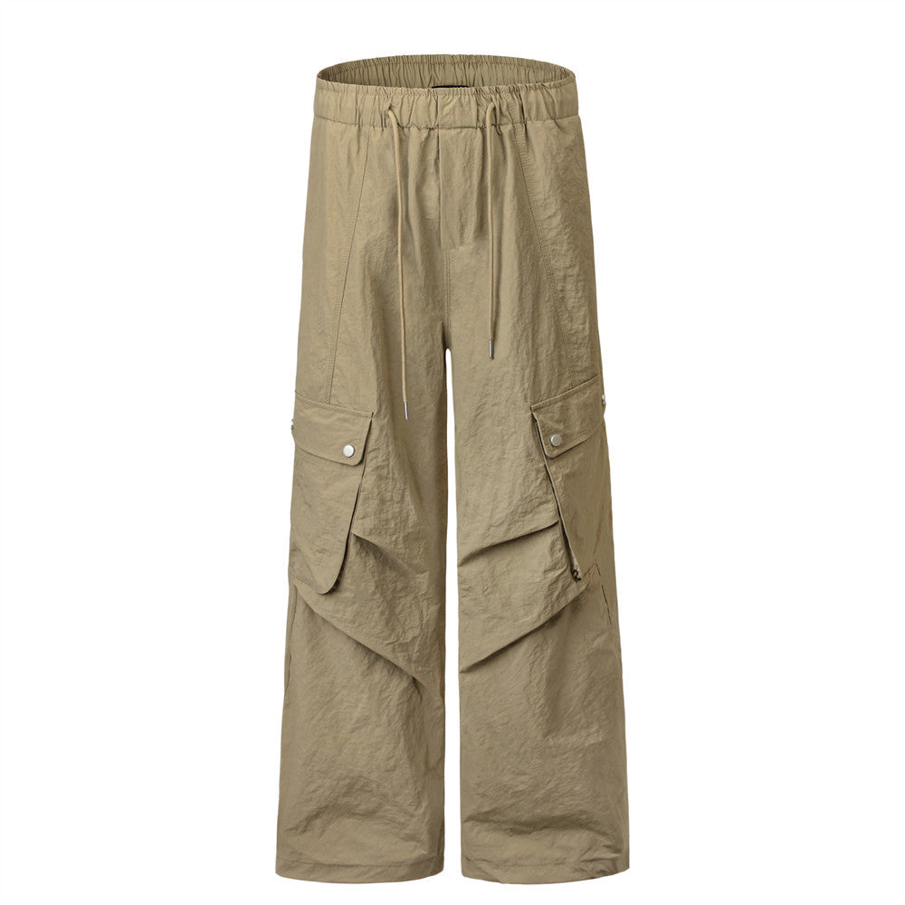 American-style Drawstring Wrinkle Overalls Men's High Street Fashion Brand Casual Paratrooper Pants Pleated Loose Straight Trousers
