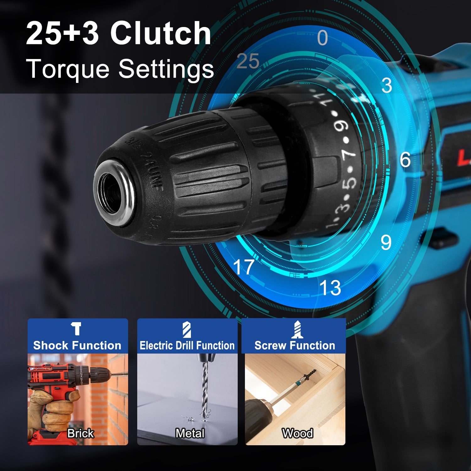 1Pack Cordless Drill Set With 2Pcs 21V Batteries And Charger 2 Variable Speeds Keyless Chuck 265lnLbs 25 And 3 Torque Positions Included 24Pcs Drill Bits For Home Car Repair Handmade