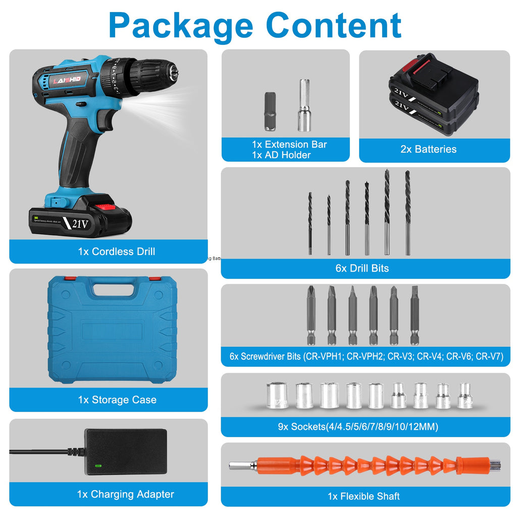 1Pack Cordless Drill Set With 2Pcs 21V Batteries And Charger 2 Variable Speeds Keyless Chuck 265lnLbs 25 And 3 Torque Positions Included 24Pcs Drill Bits For Home Car Repair Handmade