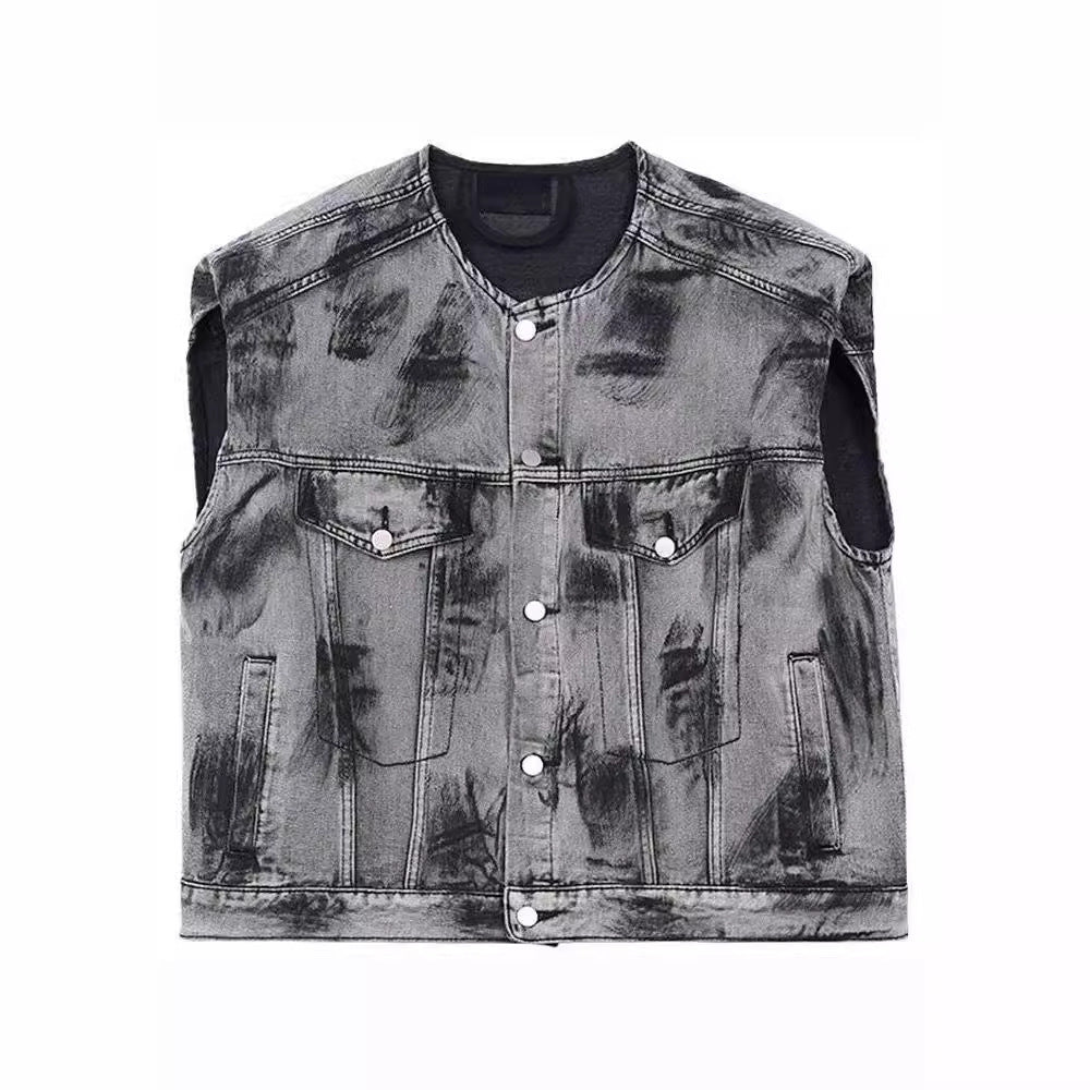 American Street Graffiti Padded Shoulder Sleeveless Denim Coat