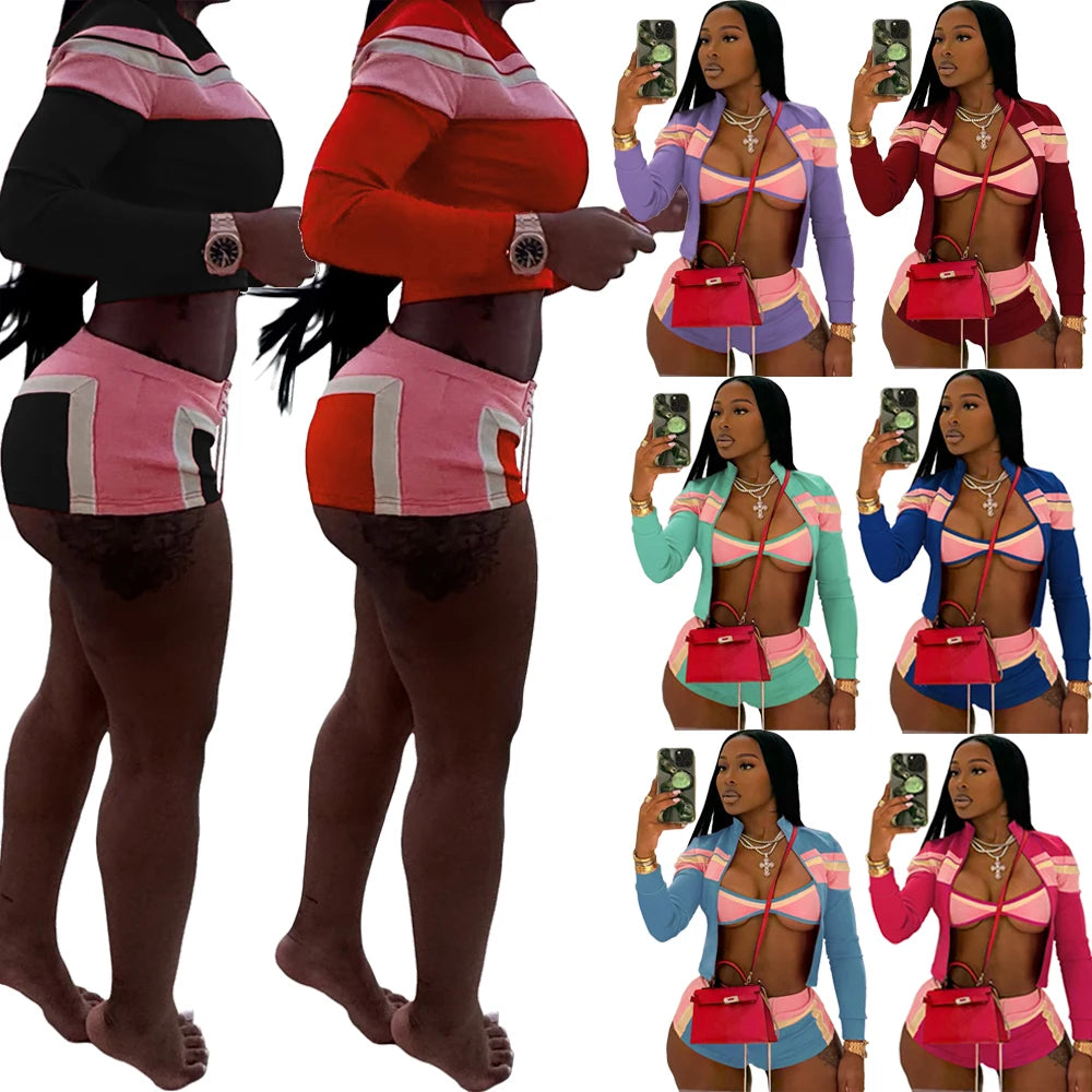 2025 Summer Female 3 Piece Set Cute Striped Loungewear Tracksuit Bra Zip up Jacket and Shorts Sets for Women Gym Jogger Outfits