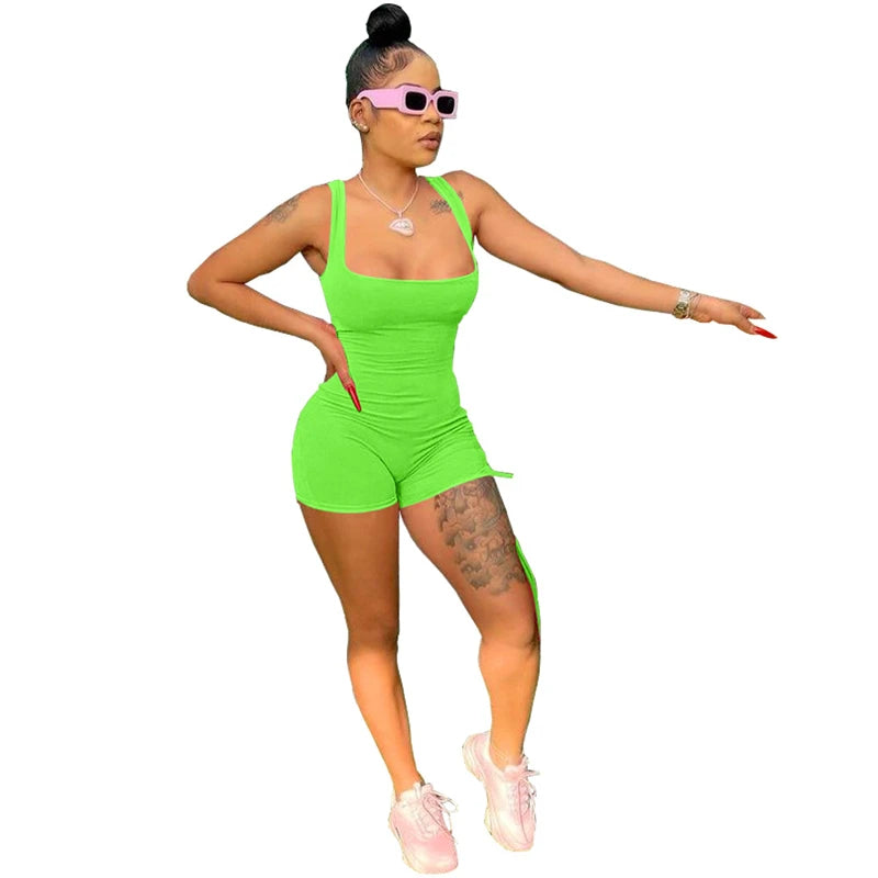 Solid Sexy Backless Lace Up Tank Rompers Women Square Neck Sleeveless Slim Playsuits Summer Casual Shorts Jumpsuit Wholesale
