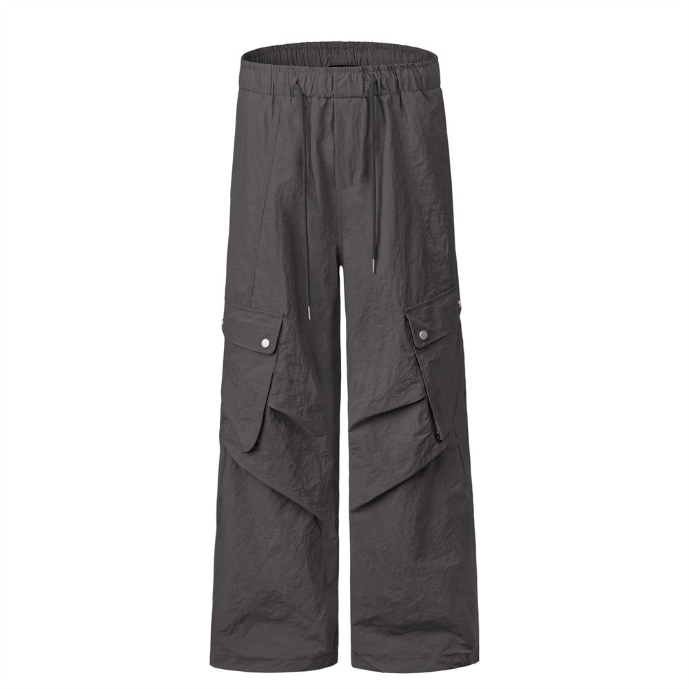 American-style Drawstring Wrinkle Overalls Men's High Street Fashion Brand Casual Paratrooper Pants Pleated Loose Straight Trousers
