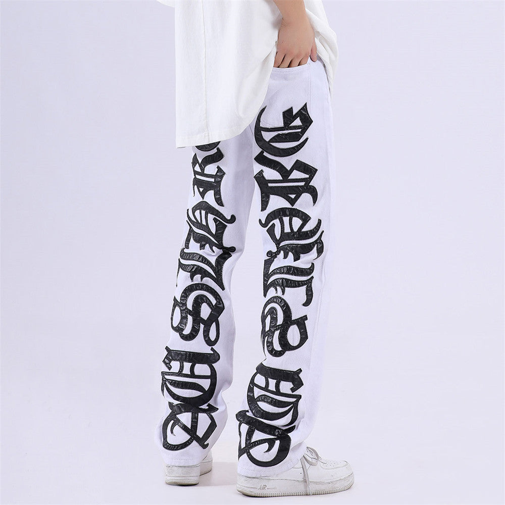 American Style High Street Burn Text Embroidered Letter Jeans