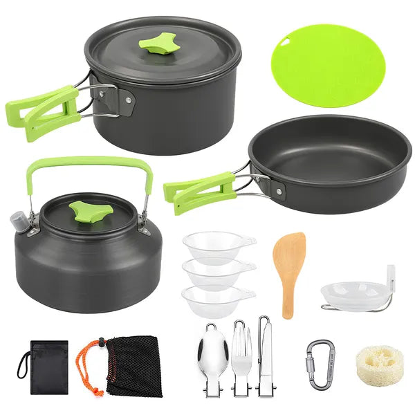 16Pcs Camping Cooking Ware Set Camping Stove Cookware Kit Aluminum Pot Pan Kettle Set With Bowls Knife Fork Spoon Carabiner Spatula Cutting Board For Hiking Picnic Outdoor
