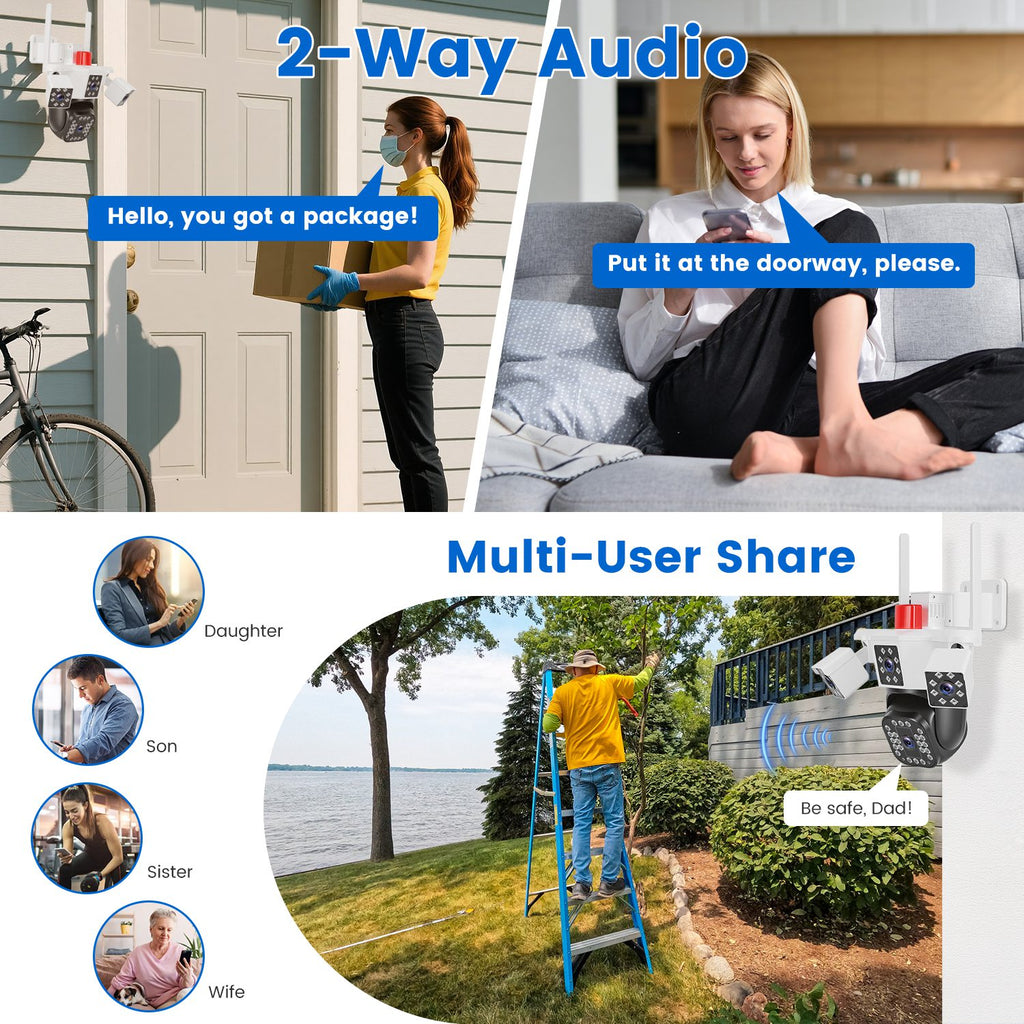 1080P HD 4-Lens Security Camera 360 Degree View WiFi Pan & Tilt Surveillance Camera With Full Color Night Vision Auto Motion Tracking 2-Way Audio Spotlights IP66 Waterproof Max 128G Not Included