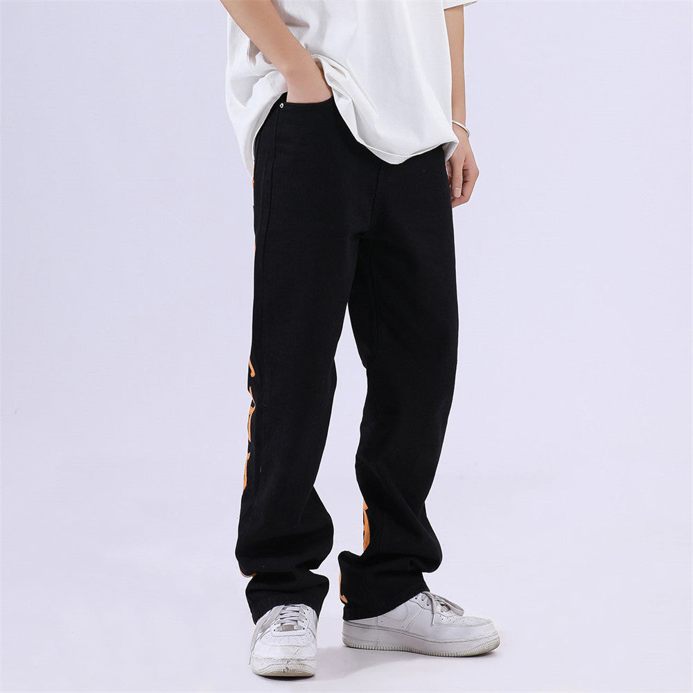 American Style High Street Burn Text Embroidered Letter Jeans